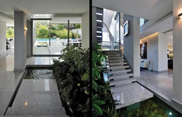 σχέδια σπιτιών με εσωτερικές σκάλες φυτών κήπου με νερό