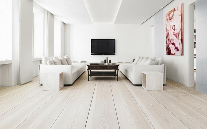 ανακαίνιση σπιτιού ιδέες διακόσμησης σαλονιού ξύλινα πλαϊνά τραπέζια λευκό χρώμα τοίχου