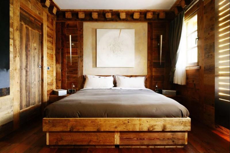 σπίτι ρουστίκ στυλ πολυτελές υπνοδωμάτιο κρεβάτι τοιχογραφία ξύλο
