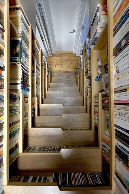 οικιακή βιβλιοθήκη δημιουργικές ζωντανές ιδέες ξύλινα βιβλία σκάλες