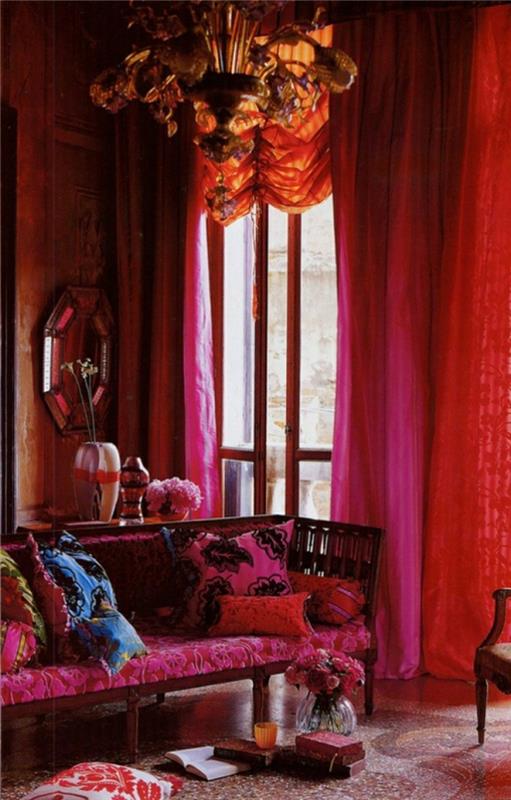 έπιπλα σπιτιού μαροκινά υφάσματα φωτεινά χρώματα ροζ κόκκινες κουρτίνες
