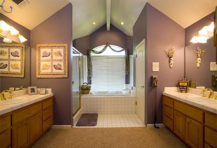 ανακαίνιση σπιτιού δάπεδο χαλί μπάνιο μπάνιο ενσωματωμένο μπανιέρα τοίχο χρώμα μωβ