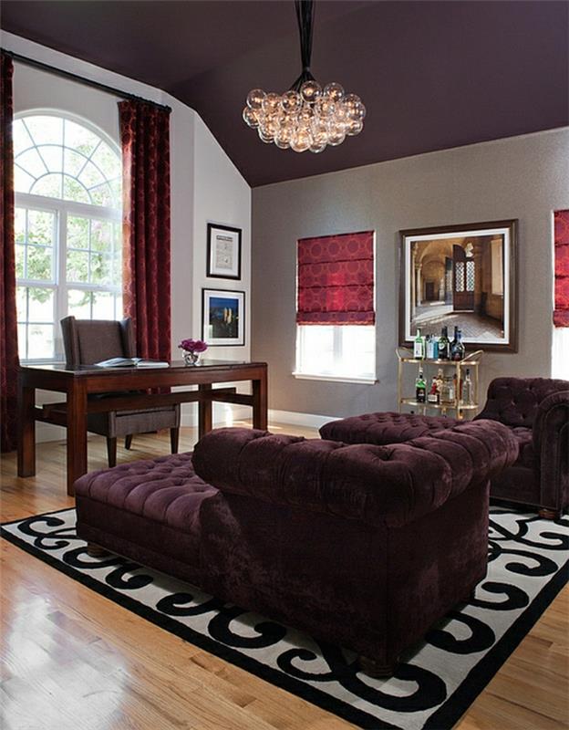 Σπίτι μελέτη γραφείο σχεδιασμός καναπές τραπέζι εργασίας παράθυρο ιδιωτικότητας κουρτίνες πλισέ περσίδες κόκκινο