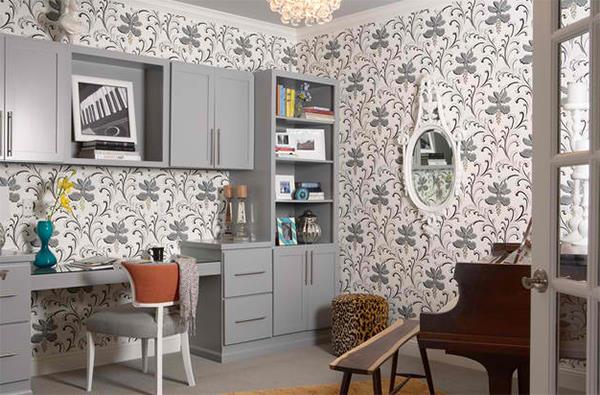 οικιακό γραφείο εγκατεστημένο δωμάτιο εργασίας σχέδιο τοίχου χαρτί λουλουδάτο λευκό γκρι παλέτα χρωμάτων