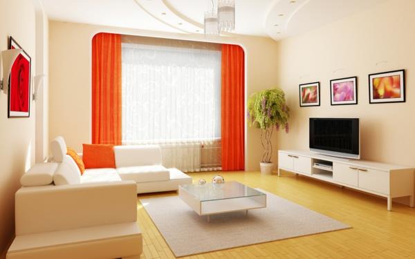 φωτεινά έπιπλα σαλονιού πορτοκαλί κουρτίνες χαλί όμορφα χρώματα τοίχου σαλόνι
