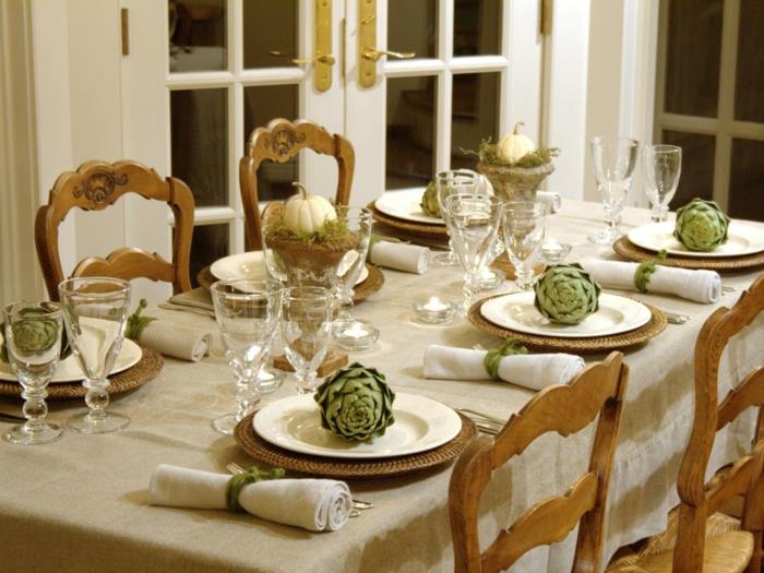 φθινοπωρινή διακόσμηση τραπέζι διακόσμηση αγκινάρες πράσινες κολοκύθες