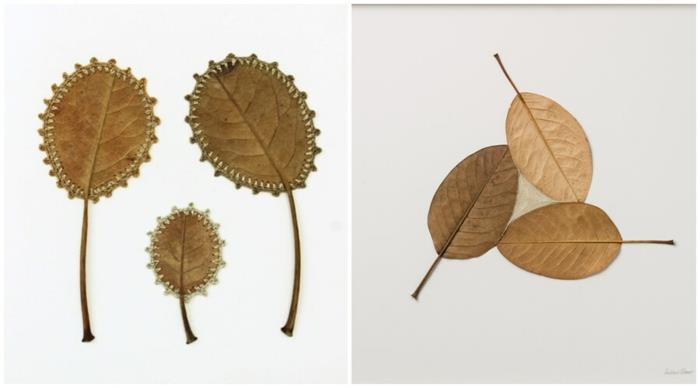 φθινοπωρινά διακοσμητικά, όπως έργα τέχνης της Σούζαν Μπάουερ από φύλλα φθινοπώρου
