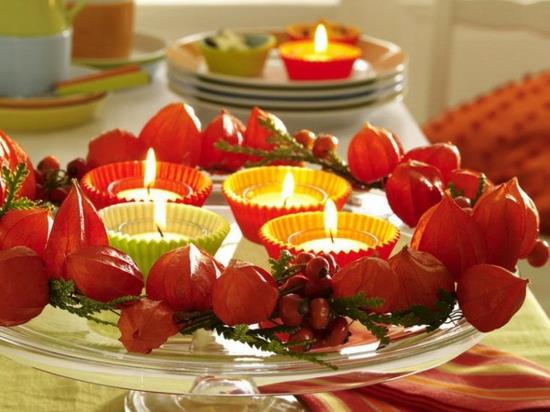 φθινοπωρινά διακοσμητικά τραπέζια λαμπιόν φώτα τσαγιού λουλουδιών