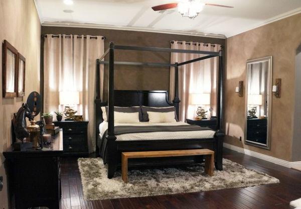 κρεβάτι με θόλο μαύρο πλαίσιο κρεβατιού μαλακό χαλί ξύλινο δάπεδο