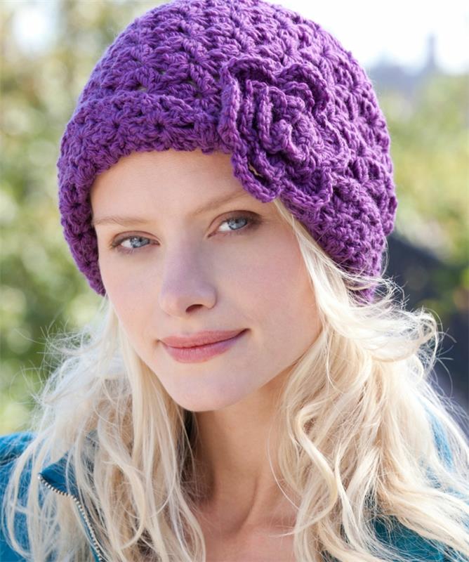 βελονάκι ιδέες καπέλο μοβ λουλούδι ντεκό