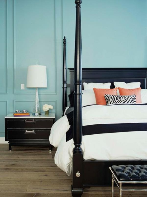 ψηλό κρεβάτι μαύρο βαμμένο πορτοκαλί μαξιλάρι ζέβρα μοτίβο Διακόσμηση ιδέες για την κρεβατοκάμαρα