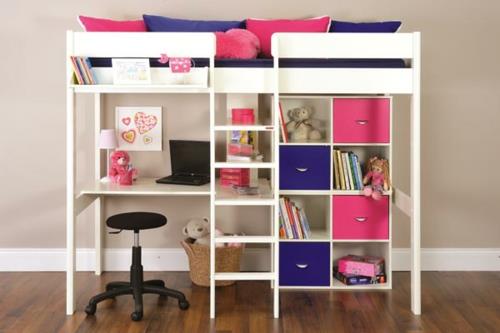 Παιδικό κρεβάτι σοφίτας με γραφείο συνδυασμένα συρτάρια ροζ μοβ μπλε