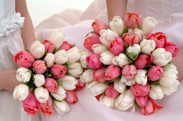 γαμήλια λουλούδια λευκή ροζ τουλίπες ανθοδέσμη