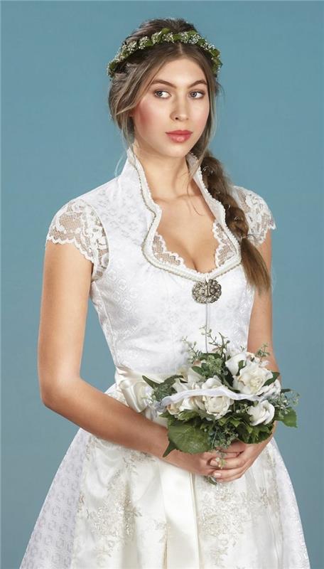 νυφικό γάμου με λευκή δαντέλα νυφική ​​ανθοδέσμη