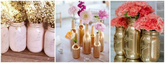 ιδέες γάμου ανακύκλωση ιδεών διακοσμήσεις τραπεζιών DIY ιδέες χειροτεχνίας φτιάξτε μόνοι σας βάζα χρυσό ροζ σπρέι