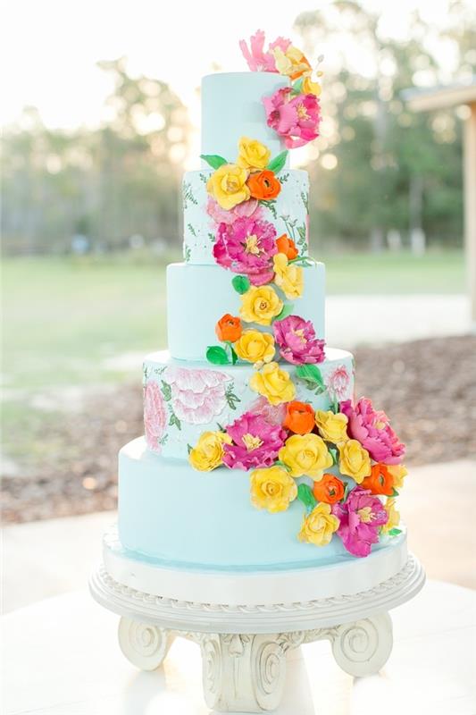 γαμήλια τούρτα εικόνες γαλάζια τούρτα με χρωματιστά λουλούδια