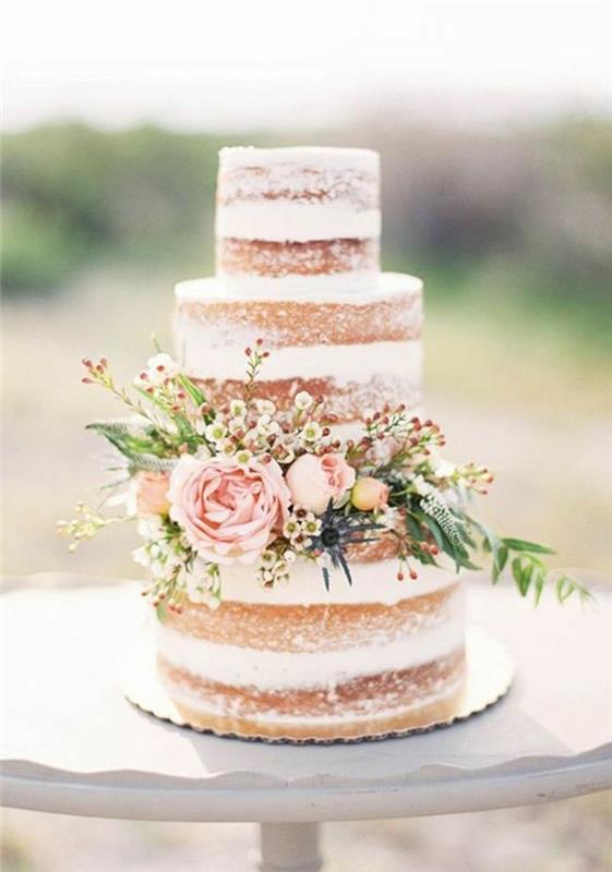 γαμήλιες τούρτες γυμνό κέικ με λουλουδάτη διακόσμηση