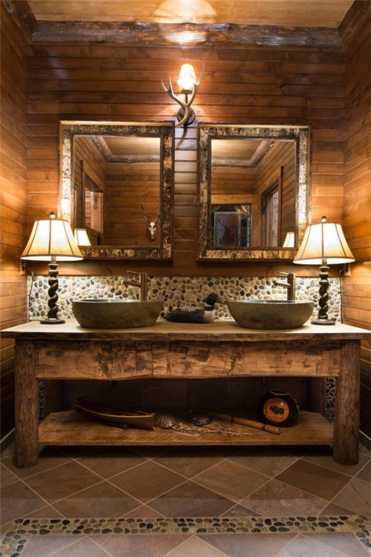 ξύλο σε αξεσουάρ μπάνιου νεροχύτης με βότσαλα