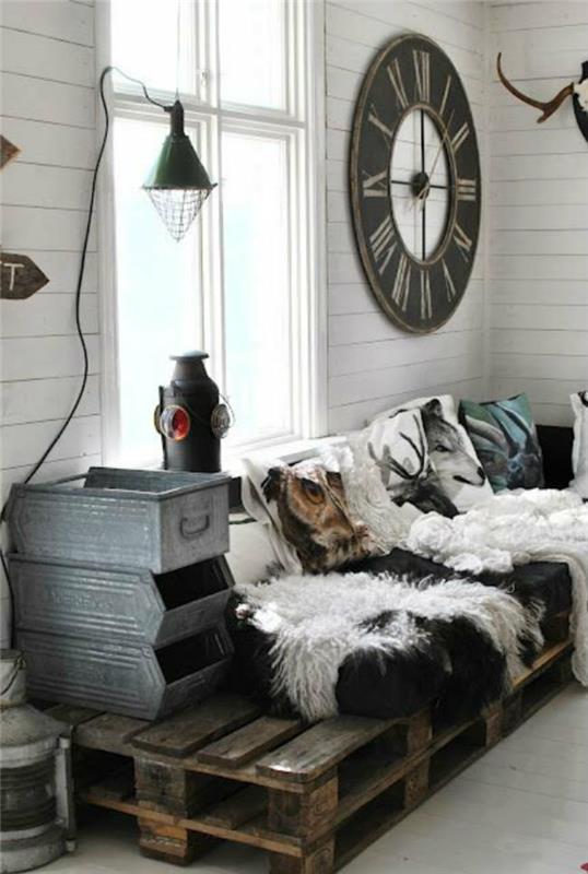 έπιπλα από ξύλο παλέτας diy ευρώ παλέτα καναπές μαξιλάρι δέρμα προβάτου βιομηχανικό στυλ