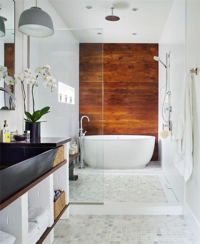 ξύλινα πάνελ τοίχου μπάνιου τοίχου μπανιέρα πλακάκια δαπέδου ορχιδέες