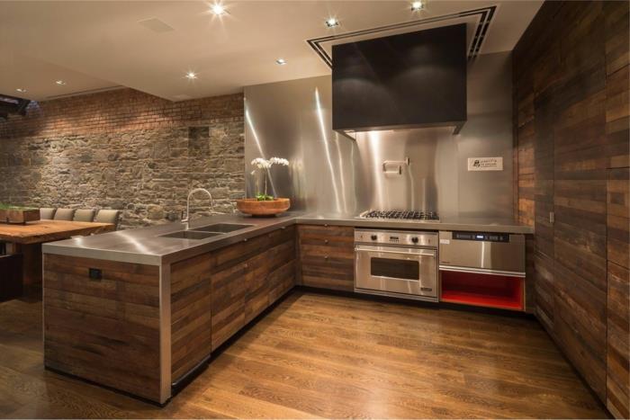 ξύλινα πάνελ τοίχου ζωντανές ιδέες κουζίνα πέτρινος τοίχος σαλόνι ενιαίο σχέδιο