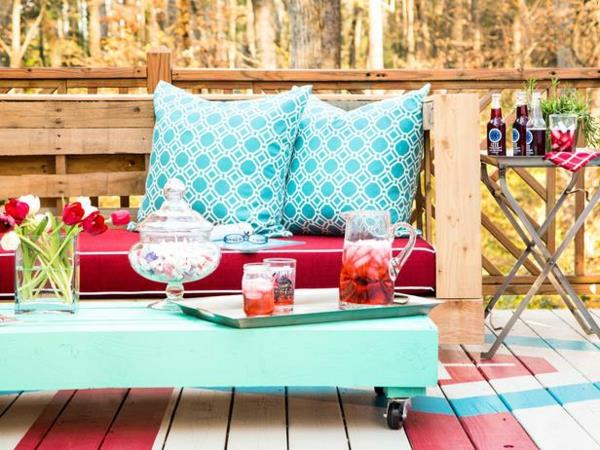 DIY πολύχρωμος ξύλινος πάγκος DIY μαξιλάρι παλέτας κήπου
