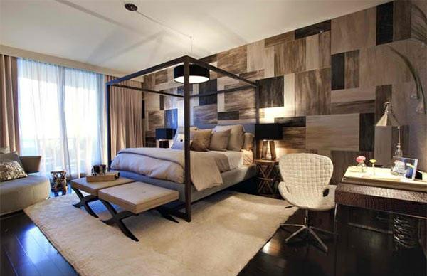ξύλινο πάτωμα στο υπνοδωμάτιο κρεβάτι μετά χαλί συνδυασμός χρώματος καφέ μπεζ