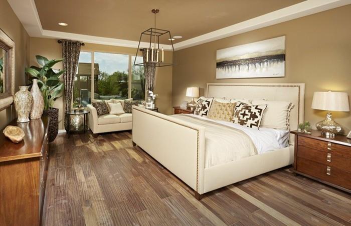 ξύλινο πάτωμα υπνοδωμάτιο ουδέτερο χρώμα τοίχου κομψό κρεβάτι