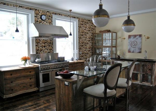 ξύλινη κουζίνα μικρές ιδέες κουζίνας χαμηλά περβάζια παραθύρων μοτίβο ταπετσαρίας τοίχου