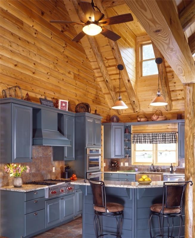 ξύλινη κουζίνα γκρι κουζίνα νησί ξύλινη επένδυση τοίχου