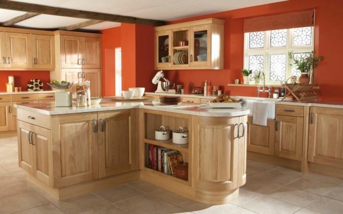 ξύλινη κουζίνα φωτεινά ντουλάπια κουζίνας πορτοκαλί φυτά βαφής τοίχων