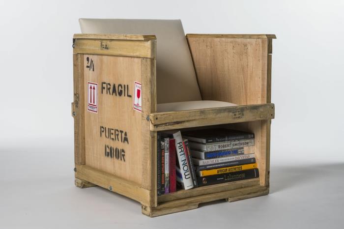 ξύλινα κουτιά diy ιδέα πολυθρόνα ράφι βιβλιοθήκη