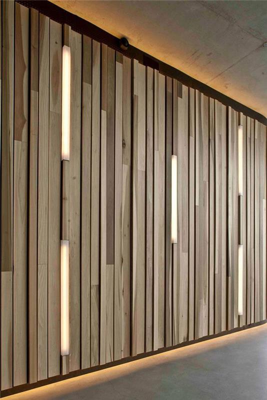 ξύλινη τέχνη δημιουργική σχεδίαση τοίχου ιδέες διακόσμησης τοίχου ξύλινη επένδυση μοντέρνα λάμπα τοίχου ενσωματωμένη