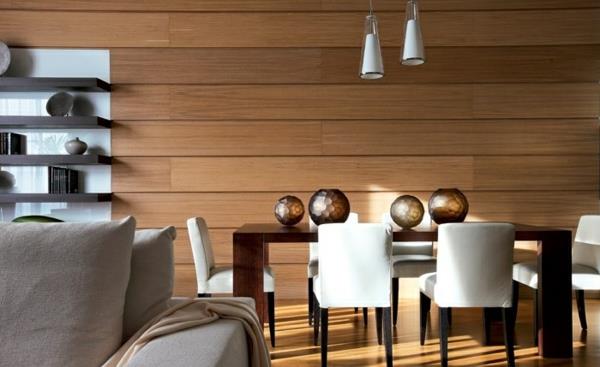 ξύλινα πάνελ τραπεζαρία τοίχου σχεδιασμός κομψές λευκές καρέκλες