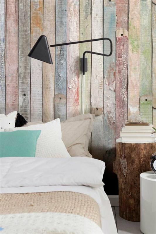 ξύλινα πάνελ υπνοδωμάτιο σχεδιασμός τοίχου πολύχρωμο ελκυστικό