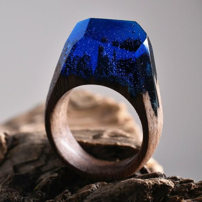 ξύλινα κοσμήματα ξύλινο δαχτυλίδι χυτή ρητίνη μπλε δάσος
