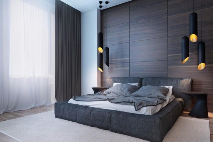 ξύλινη επένδυση σκούρο ξύλο χρώμα κομψό σχεδιασμό τοίχου υπνοδωμάτιο