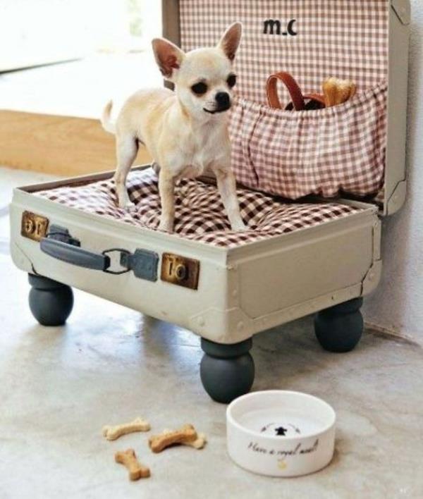 κρεβάτι σκύλου φτιάξτε μόνοι σας μαξιλάρι παλιά βαλίτσα