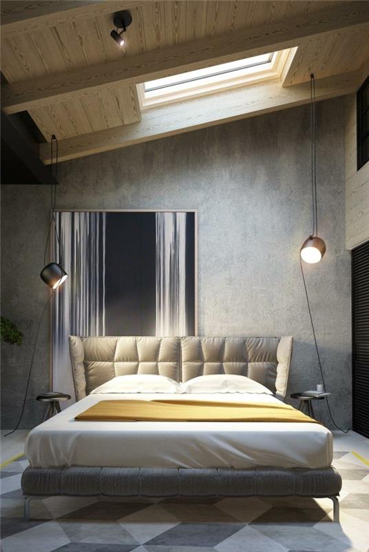 ιδέες για σχεδιασμό τοίχου υπνοδωμάτιο τσιμεντένιο τοίχο γεωμετρικό χαλί