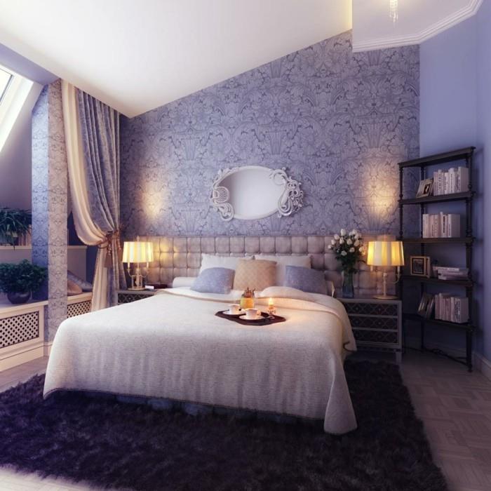 ιδέες για σχεδιασμό τοίχου υπνοδωμάτιο διακοσμούν ταπετσαρία μοβ χαλί
