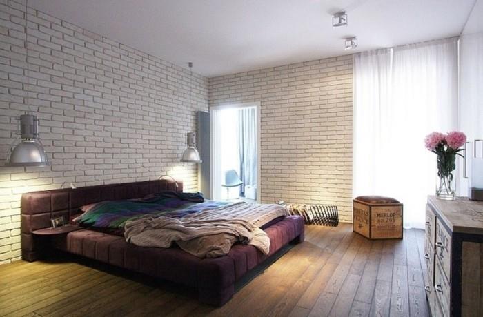 ιδέες για σχεδιασμό τοίχου υπνοδωμάτιο τοίχο από τούβλα ξύλινο πάτωμα