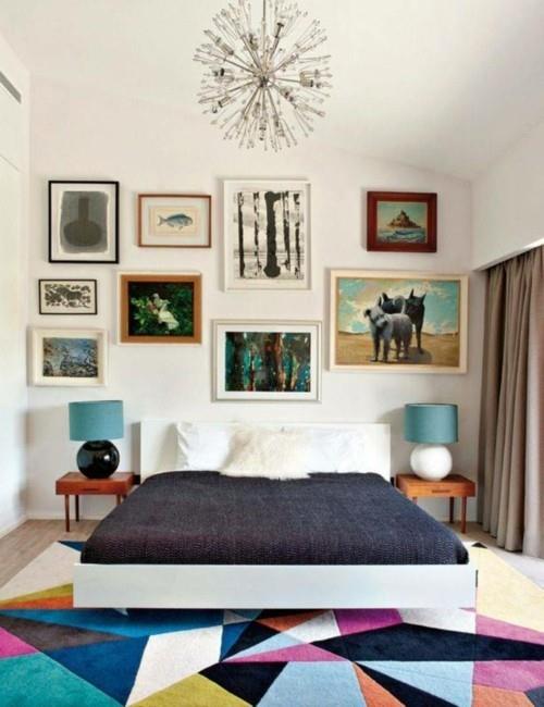 ιδέες κρεβατοκάμαρα εκλεκτικά χρωματισμένα γεωμετρικά διακοσμητικά τοίχου χαλιού