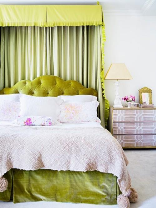 ιδέες κρεβατοκάμαρα εκλεκτικό πράσινο κρεβάτι λευκοί τοίχοι