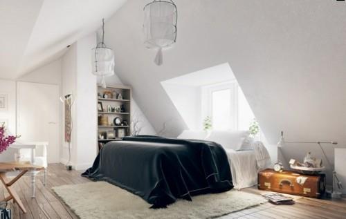 ιδέες υπνοδωμάτιο εκλεκτικό μαύρο κλινοσκεπάσματα λευκό χαλί κεκλιμένη οροφή