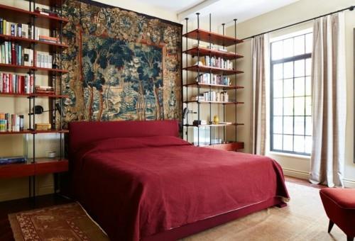 ιδέες κρεβατοκάμαρα εκλεκτικά vintage ράφια τοίχου ελαφριές κουρτίνες