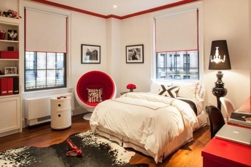 ιδέες κρεβατοκάμαρα εκλεκτικοί λευκοί τοίχοι γούνινο χαλί κόκκινες πινελιές