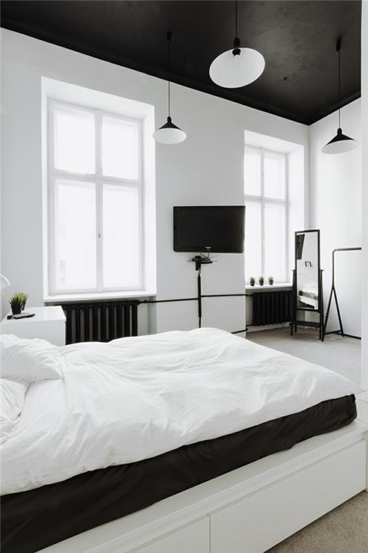 ιδέες κρεβατοκάμαρα λευκό τοίχο βαφή μαύρο ταβάνι κρεμαστό φωτιστικό οροφής