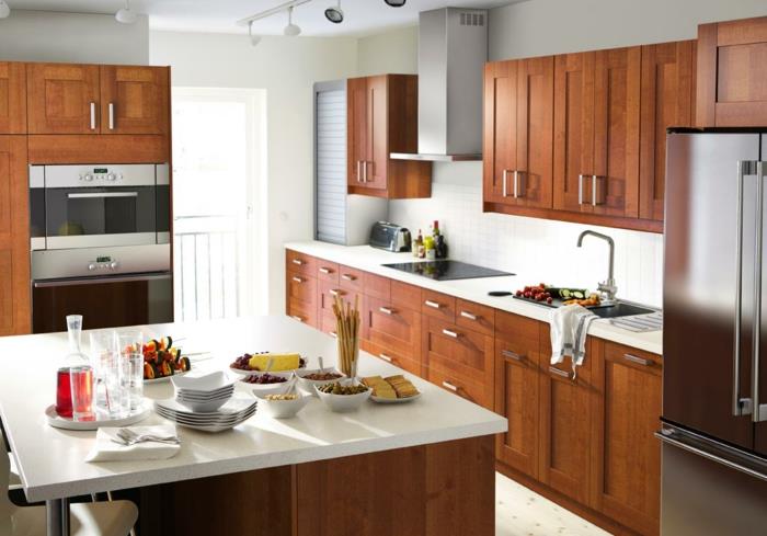 ντουλάπια επίπλων καπλαμά κουζίνας ikea νήσος από ξύλο κερασιάς μεταλλική κουζίνα