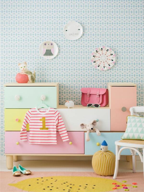 ιδέες διακόσμησης επίπλων ikea επιτραπέζιων ράφια συρτάρια ντουλάπια παστέλ χρώματα παιδικό δωμάτιο