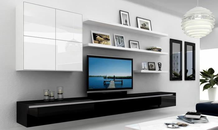 Μοντέρνα ντουλάπια μονάδας τοίχου ikea υψηλής στιλπνότητας μπροστινά ράφια μαύρα